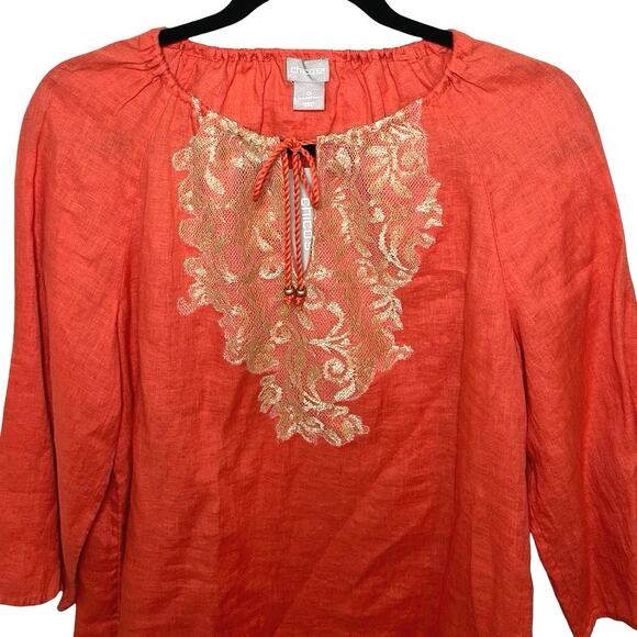 NWT Chicos Women’s 100% Linen Lace Detail Blouse Tangelo  Size Small (0) - Picture 4 of 9